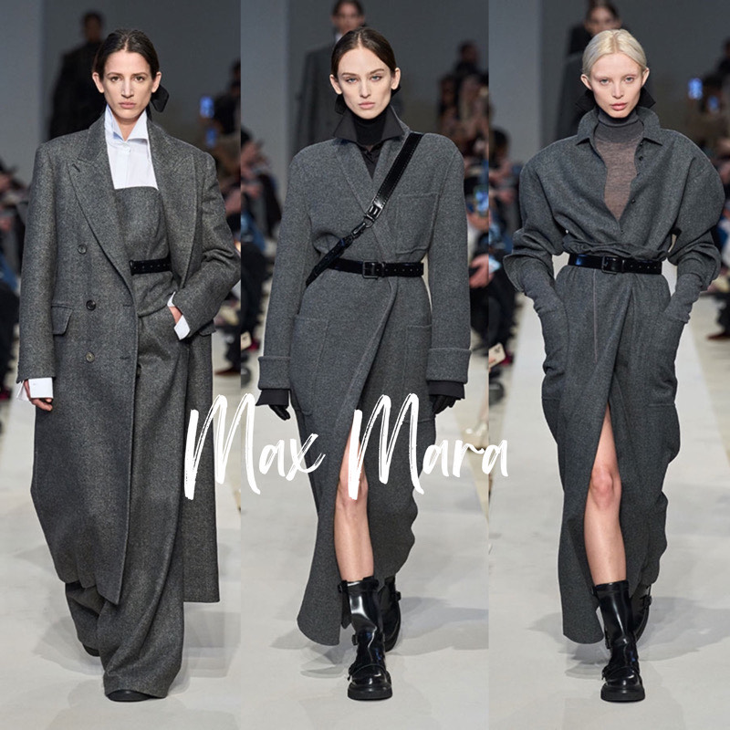 Modelki na wybiegu podczas pokazu mody jesień 2024 Max Mara. Kreacje utrzymane są w szarej kolorystyce, prezentowane są najmodniejsze płaszcze w szarym kolorze.