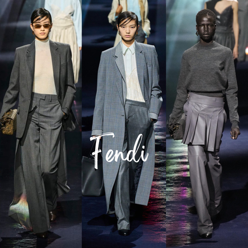 pokaz mody 2024, modelki na wybiegu prezentują najnowsze kreacje domu mody Fendi. Każda stylizacja zawiera elementy garderoby w kolorze szarym, takie jak spodnie, marynarki, garnitur, spódnice, sweter. Fashion Show 2024, grey colour, 